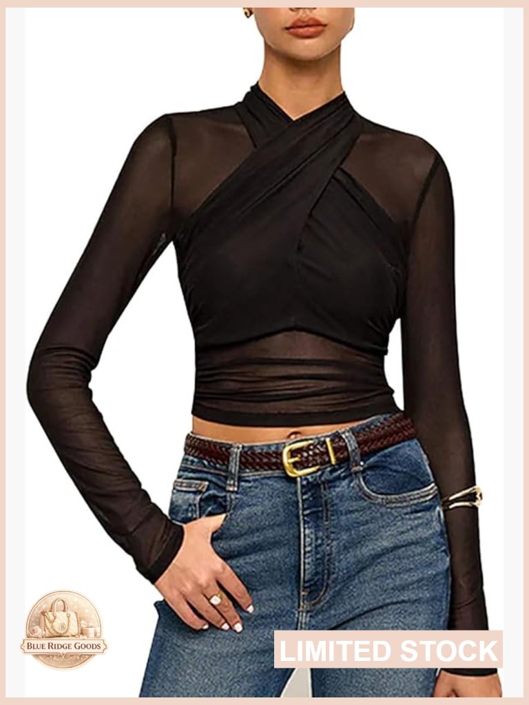 Long Sleeve Sheer Mesh Crop Top Criss Cross Ruched Blouse Slim Fit Sexy Tee
